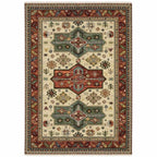 HomeRoots 509266 8 x 11 ft. Brick Red Orange Rust Beige Gold Pale Blue Olive Navy & Black Oriental Power Loom Stain Resistant Rectangle Area Rug with Fringe, Rectangular
