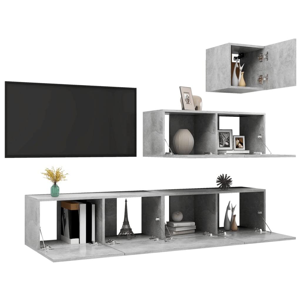 vidaXL TV Stand Set 4 Piece Living Room Bedroom Furniture HiFi Stereo Cabinet TV Stand Media Unit Entertainment Center Engineered Wood Concrete Gray