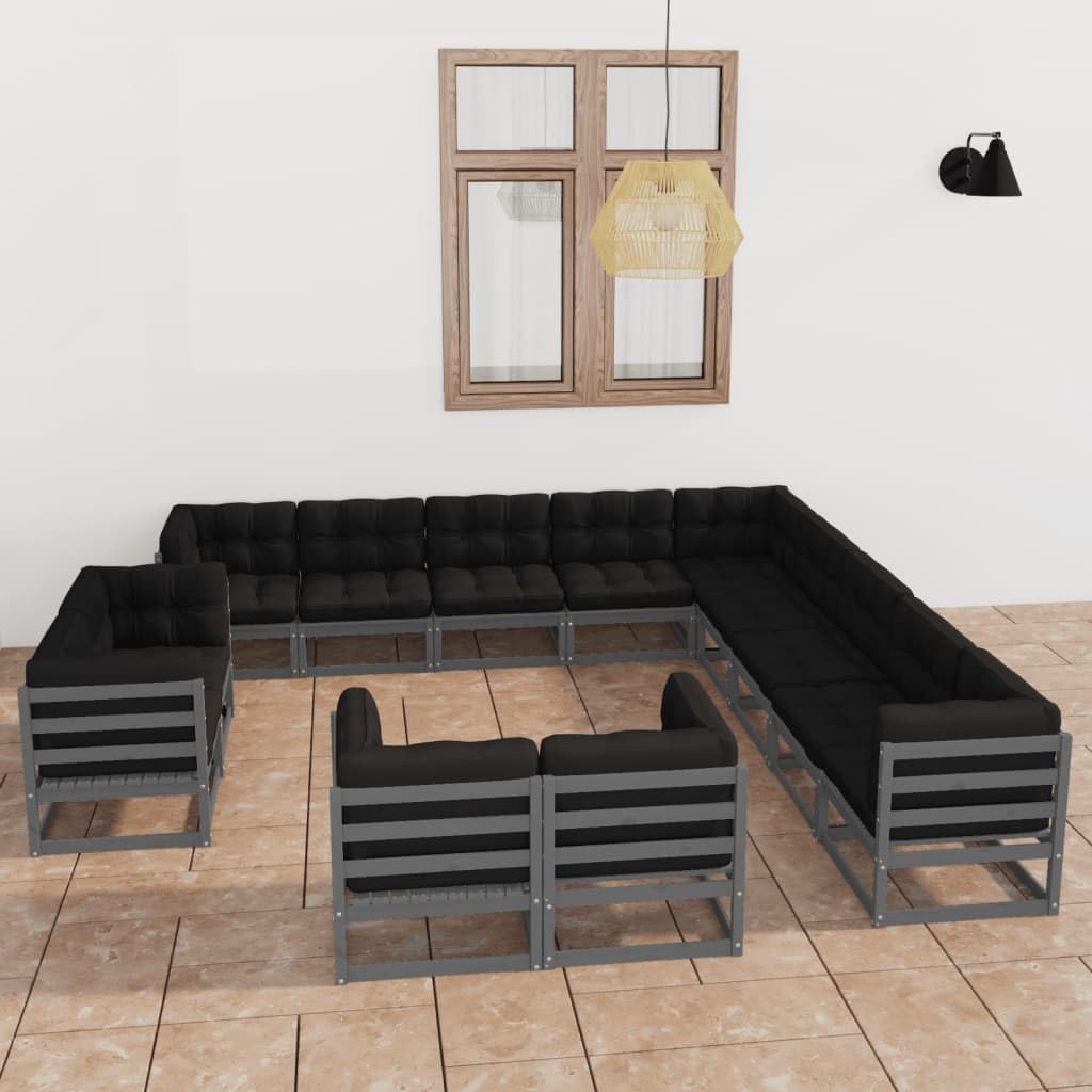 vidaXL Solid Pinewood Patio Lounge Set 13 Piece with Cushions Outdoor Garden Terrace Yard Furniture Wooden Lounge Sofa Set Seat Seating Gray