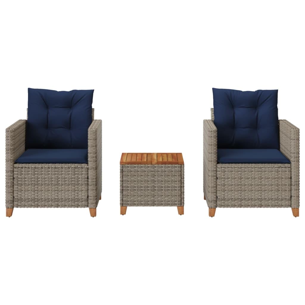 vidaXL Outdoor Bistro Set - Gray Poly Rattan/Acacia Wood - Garden, Patio, Balcony Furniture with Navy Cushions - 3 Piece Set - Comfortable and Weather-Resistant