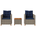 vidaXL Outdoor Bistro Set - Gray Poly Rattan/Acacia Wood - Garden, Patio, Balcony Furniture with Navy Cushions - 3 Piece Set - Comfortable and Weather-Resistant