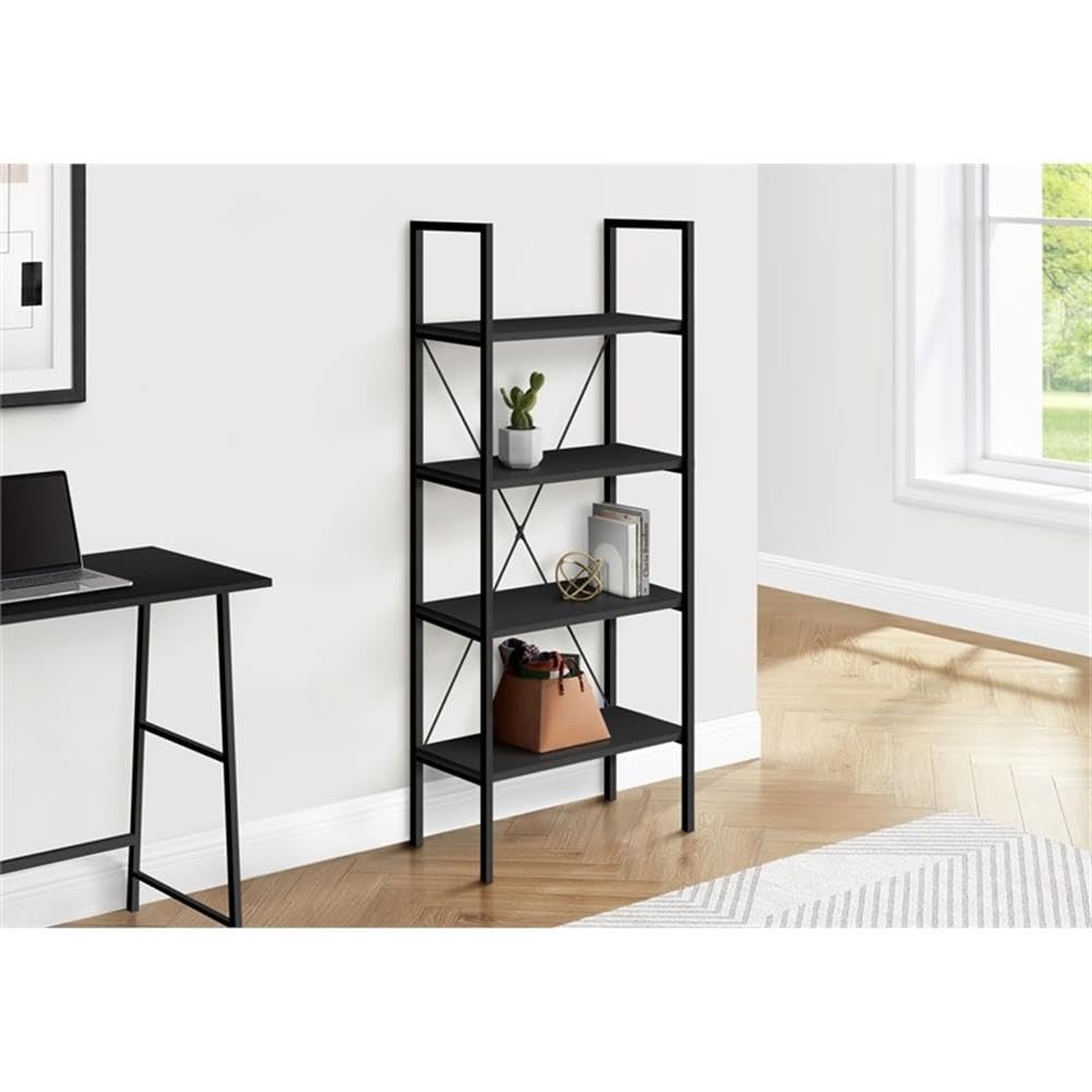 Monarch Specialties I 7802 Bookshelf, Bookcase, 4 Tier, 48' H, Office, Bedroom, Metal, Laminate, Black, Contemporary, Modern