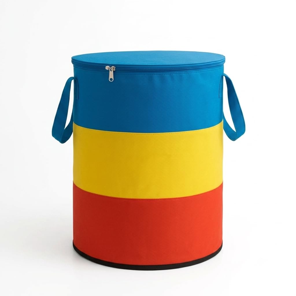Moon & Blush Large Round Storage Basket, Red, Yellow, Blue Colour Block, NonWoven Fabric, With Handles, For Toys, Laundry, Kids