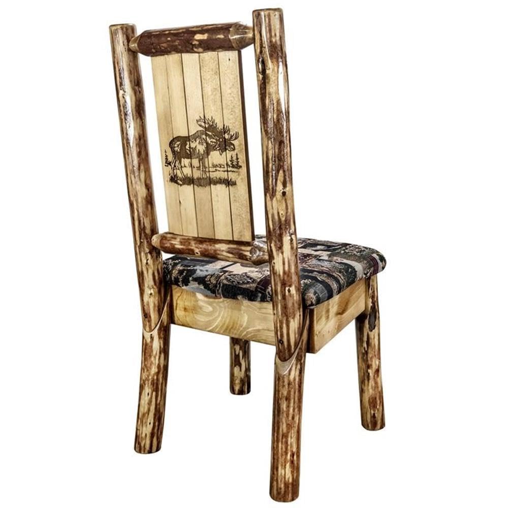 Montana Woodworks Glacier Country Collection Side Upholstered Chair, Woodland Pattern with Laser Engraved Moose Design, Stained and Lacquered