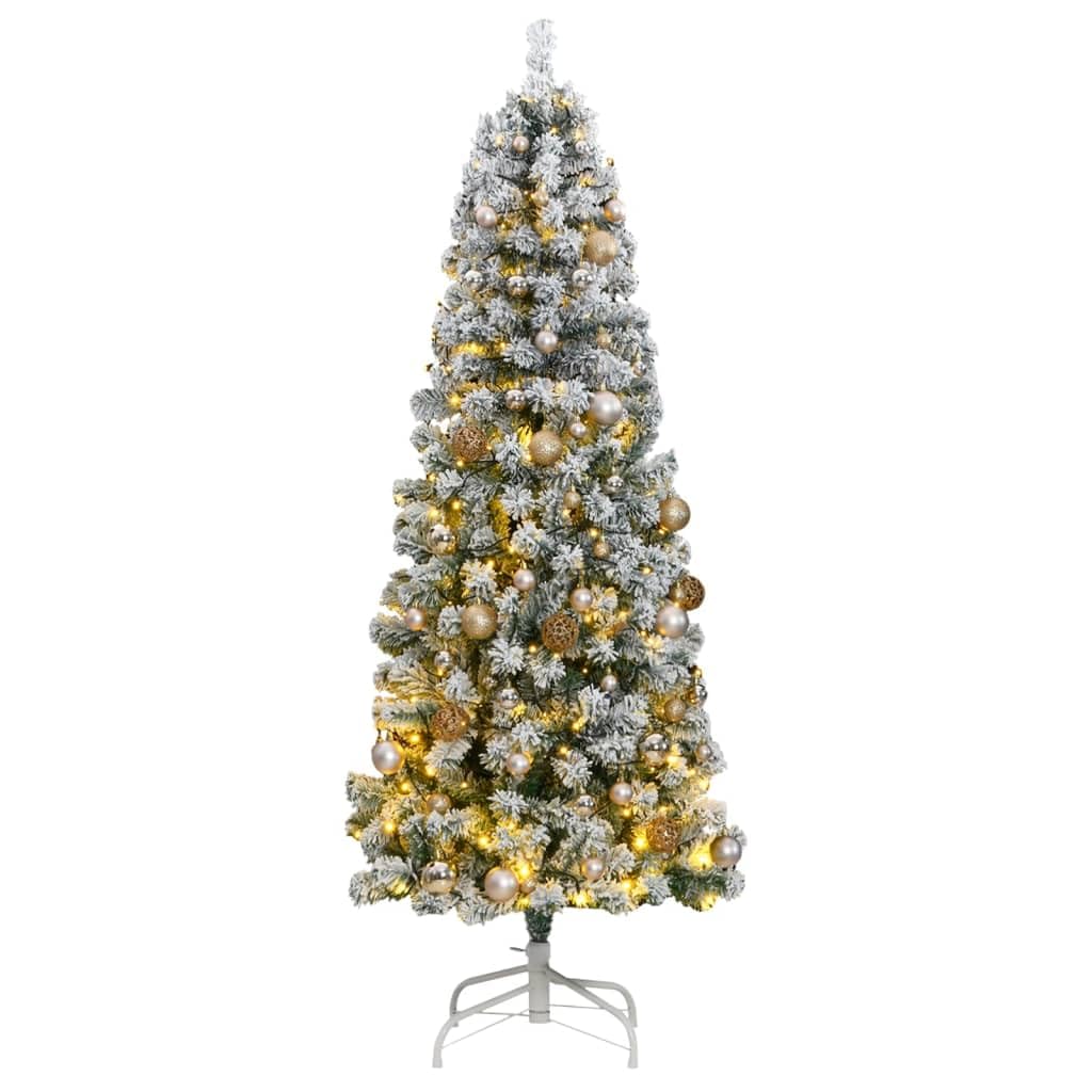 vidaXL 70.9&quot;&quot; Artificial Hinged Christmas Tree with 300 LEDs, Snow Flocked Details & Shiny Rose Gold Ball Set – Perfect for Indoor & Outdoor Holiday Decor, 3210492