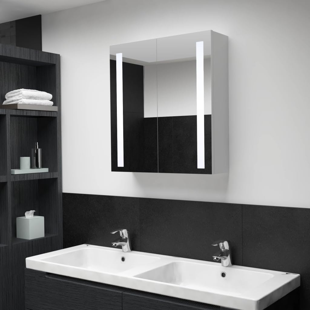 vidaXL Bathroom Cabinet Wall Mounted Mirrored Vanity LED Medicine Cabinet - 3 Shelves, MDF Melamine, 23.6 x 5.5 x 24.4