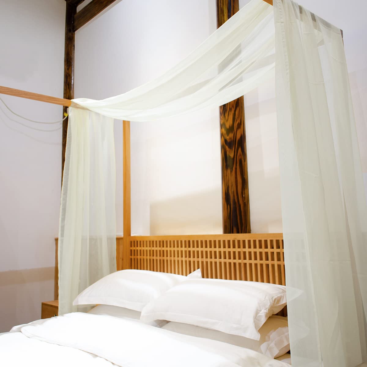 Linentalks Ivory Canopy Bed Curtains For King & California King Bed, Cream Sheer Bed Canopy Scarf, Sheer Scarf Valance Canopy Be