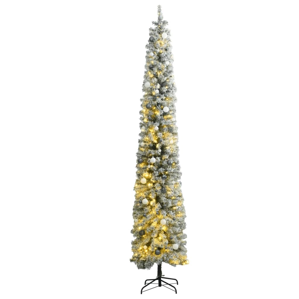 vidaXL Slim Christmas Tree with Flocked Snow, 300 LED Lights and Ball Ornaments - 106.3&quot; Tall - PVC & Metal