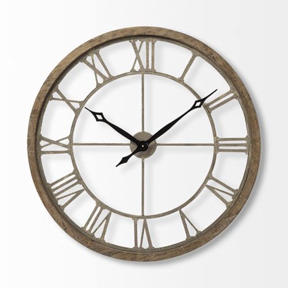 HomeRoots Wood 31.5' Round Oversize Brown Farmhouse Style Wall Clock w/Matte-Black Toned Hands