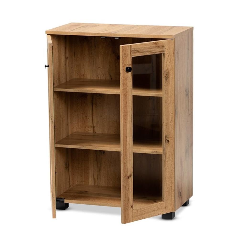Baxton Studio Mason Modern and Contemporary Oak Brown Finished Wood 2-Door Storage Cabinet with Glass Doors