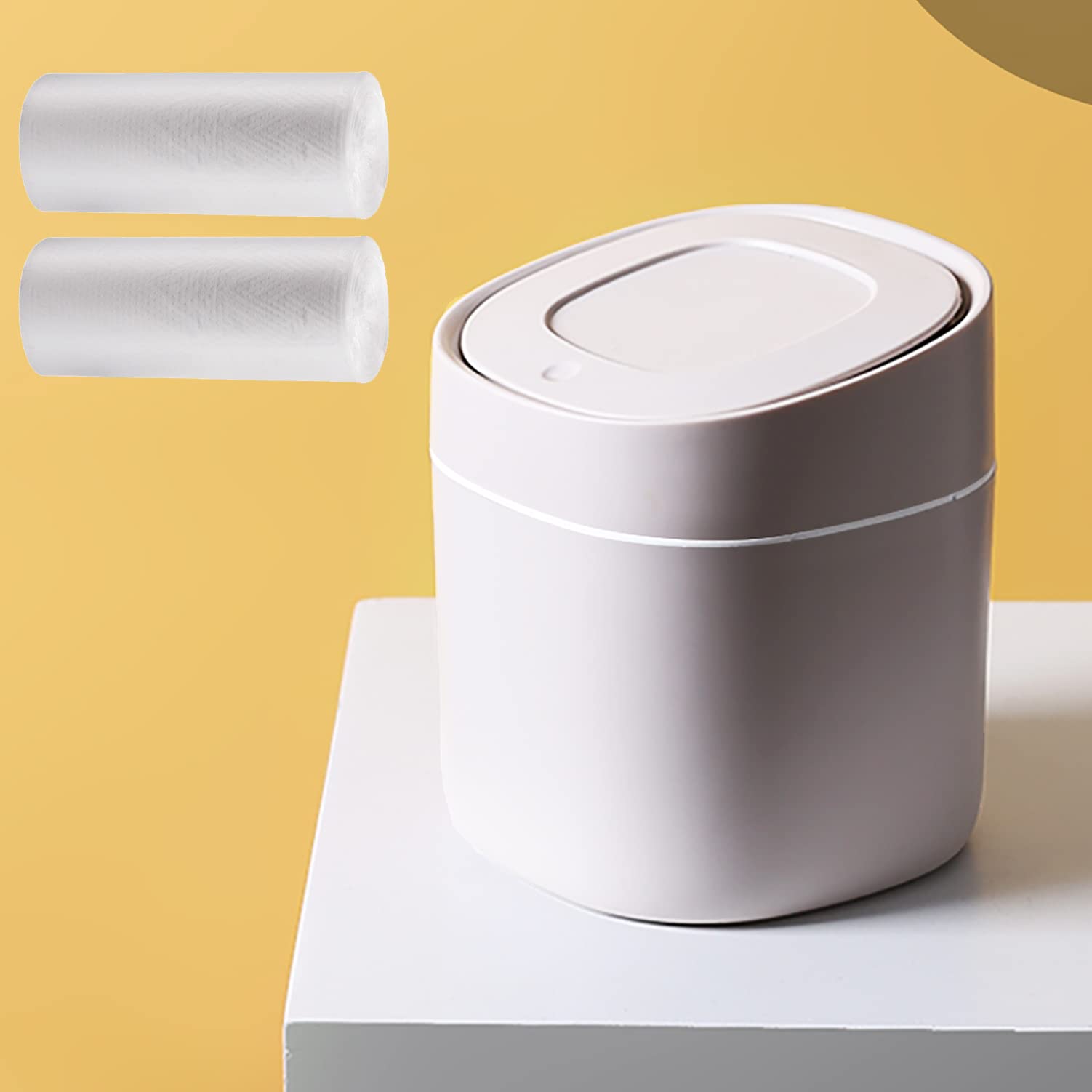 Plastic Mini Trash Can with Lid - 2 L Pop Up Wastebasket for Bathroom Vanity, Desktop, Tabletop or Coffee Table - Dispose of Cot