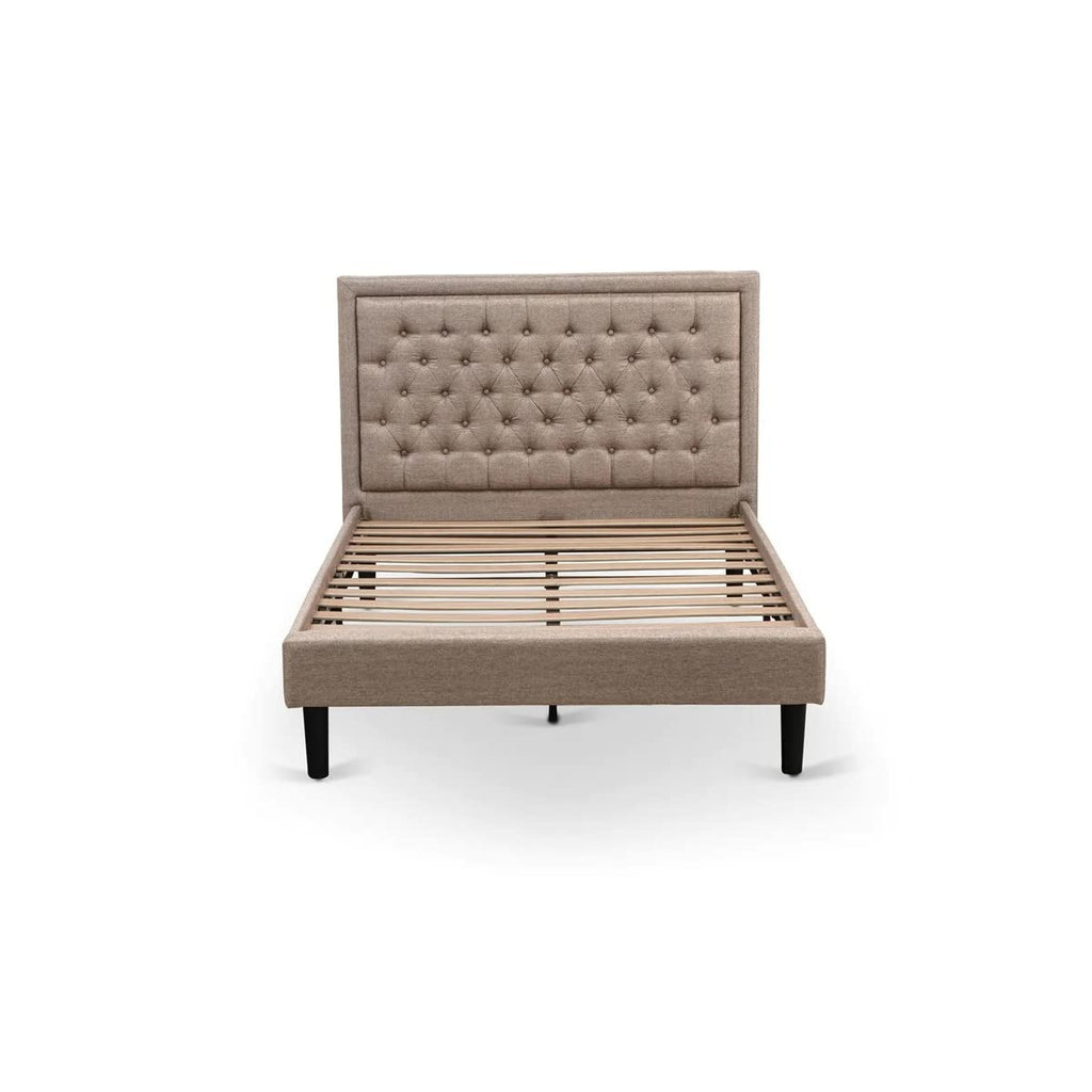 East West Furniture KDF-16-F Platform Full Size Bed - Dark Khaki Linen Fabric Upholstered Bed Headboard with Button Tufted Trim Design - Black Legs