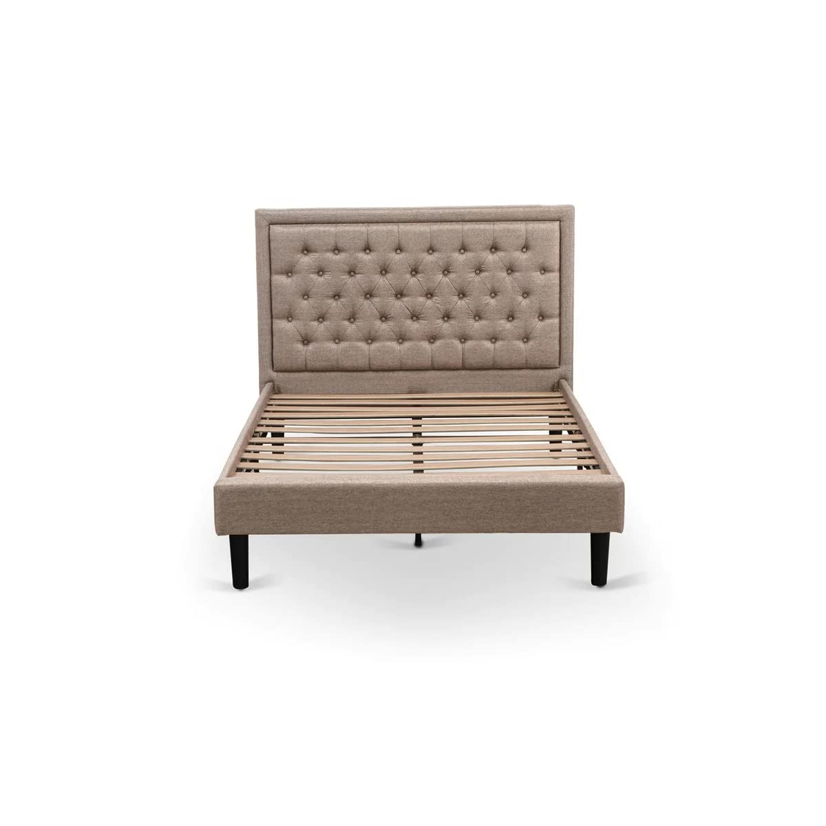East West Furniture KDF-16-F Platform Full Size Bed - Dark Khaki Linen Fabric Upholstered Bed Headboard with Button Tufted Trim Design - Black Legs