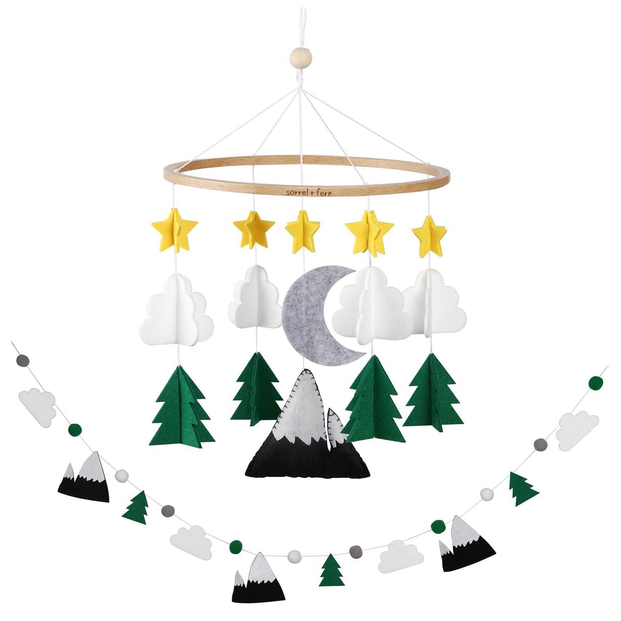 Sorrel + Fern Baby Crib Mobile (Starry Woodland Night, Short Evergreen w/Garland) - Baby Shower Gift Nursery Decoration for Boys