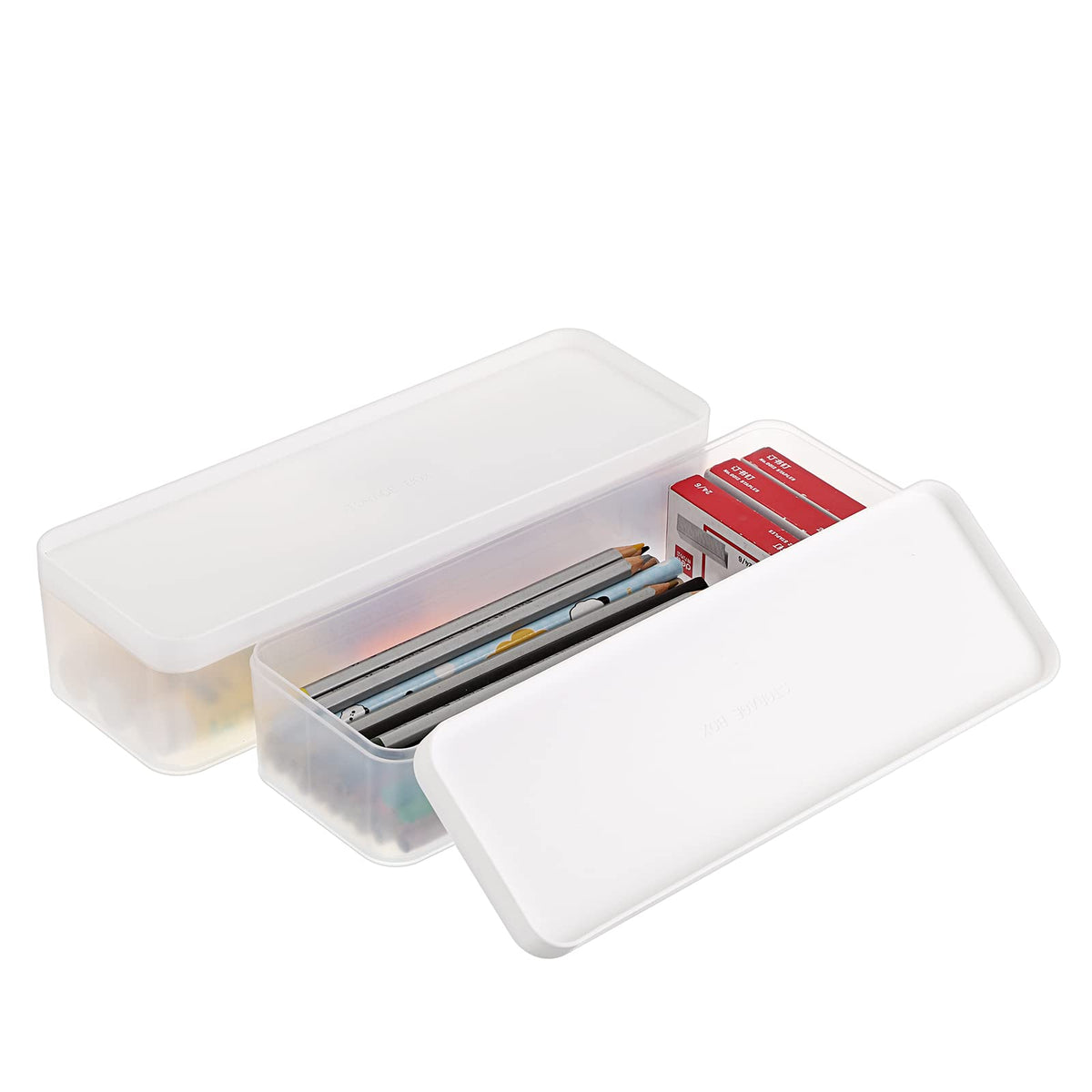 Btsky 2 Pack Desk Organizers For Office Supplies Long Clear Plastic Pencil Box Office Organizer With Lid Plastic Desk Stationery