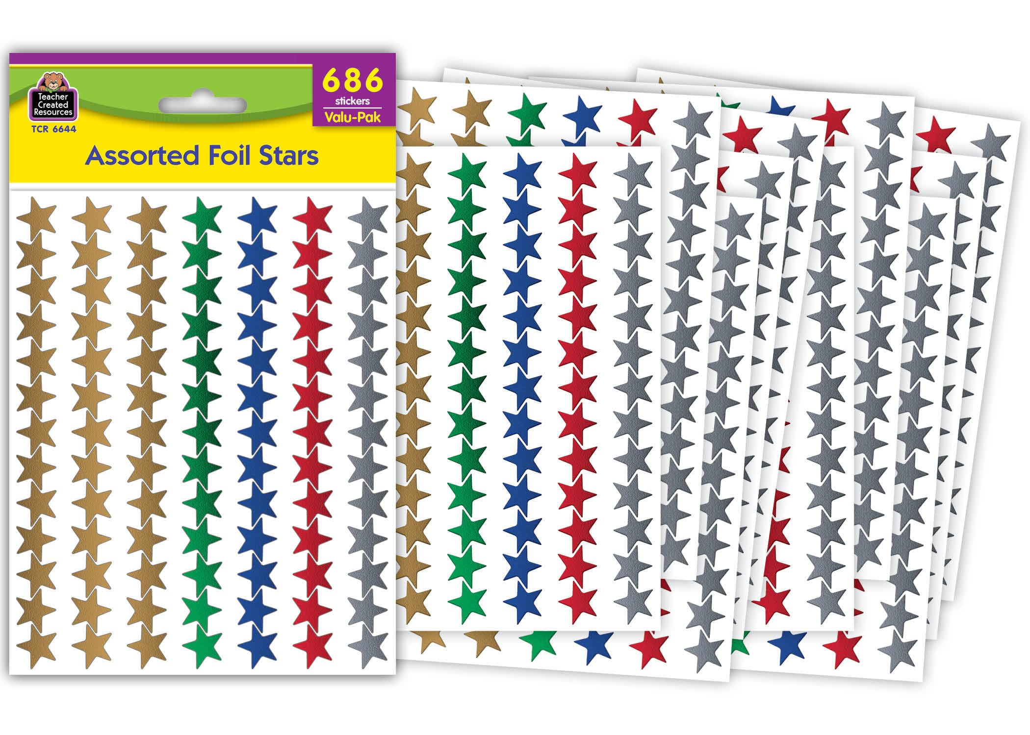 Teacher Created Resources Assorted Foil Stars Stickers Valu-Pak (6644), Red, Blue, Gold, Green, Silver