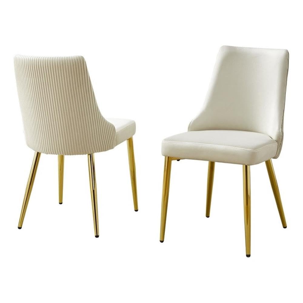 Set Of 2 Velvet Side Chairs In Cream And Pleated Back