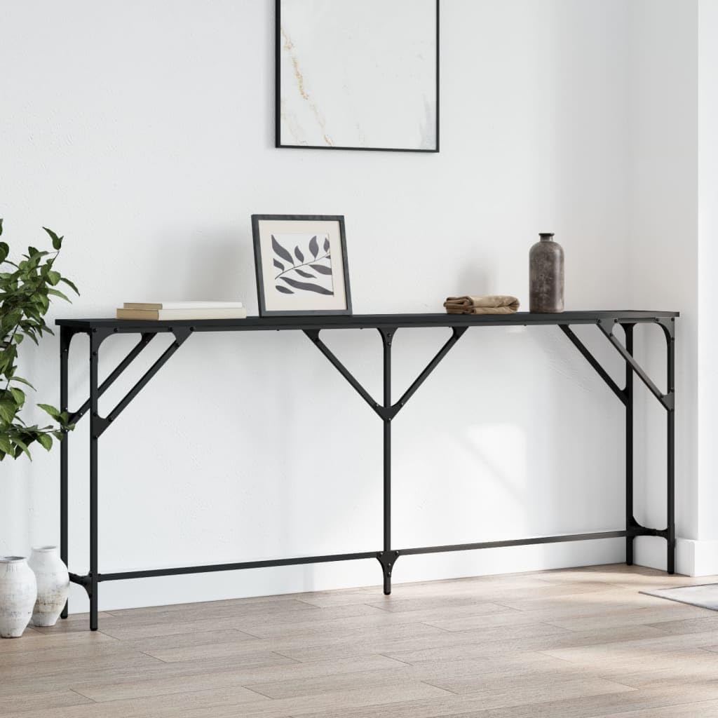vidaXL Console Table with Metal Frame and Engineered Wood, Black, Rectangular Hallway Table for Living Room, Adjustable Feet