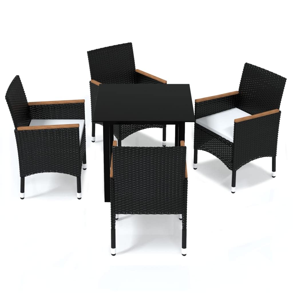 vidaXL Patio Dining Set 5 Piece with Cushions - Poly Rattan Black Garden Chair & Glass Table - Outdoor Furniture for Garden, Balcony, Patio