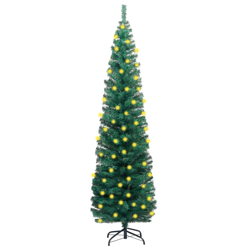 vidaXL Slim Artificial Green Christmas Tree - Realistic PVC with Stable Stand, Pre-lit with Efficient LED Lights, 59.1&quot; Height - USB Connection