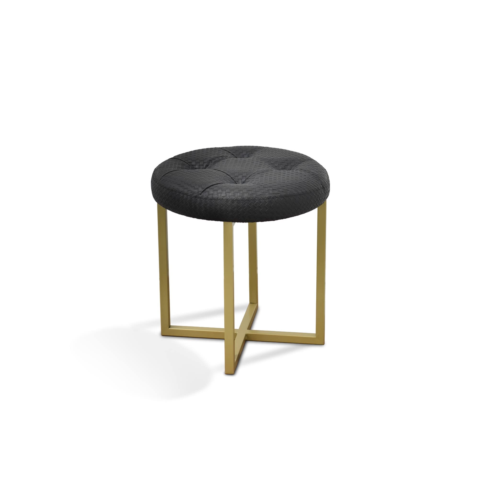 HomeRoots Black + Matte Gold Metal + Faux Leather w/Polyurethane Foam Pad 17' Black Tufted Faux Leather and Gold Stool