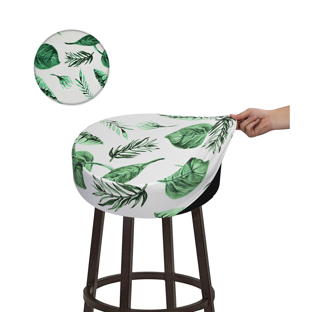 Buyue Bar Stool Covers, Luxury Dia.12-14' Round Cotton Feeling Printing Stretchy Washable Dustproof Stool Seat Slipcover, S-1 Count- Green Leaf Printed