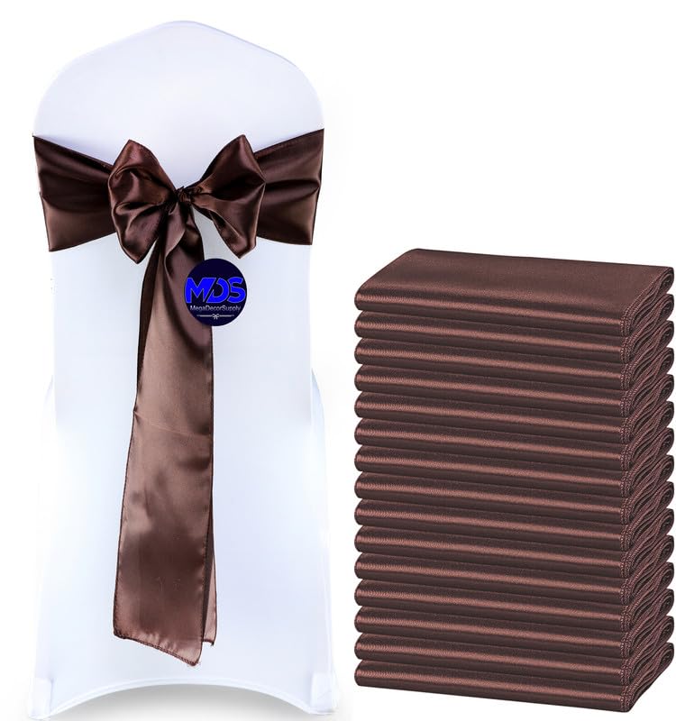 Mds Pack Of 100 Pcs Satin Chair Sashes Charmeuse Sateen Dining Chair Bows Ribbon Ties Back Sash For Wedding Party Birthday Home Hotel Restaurant Banquet Decoration (7 X 108 Inch, Coffee)