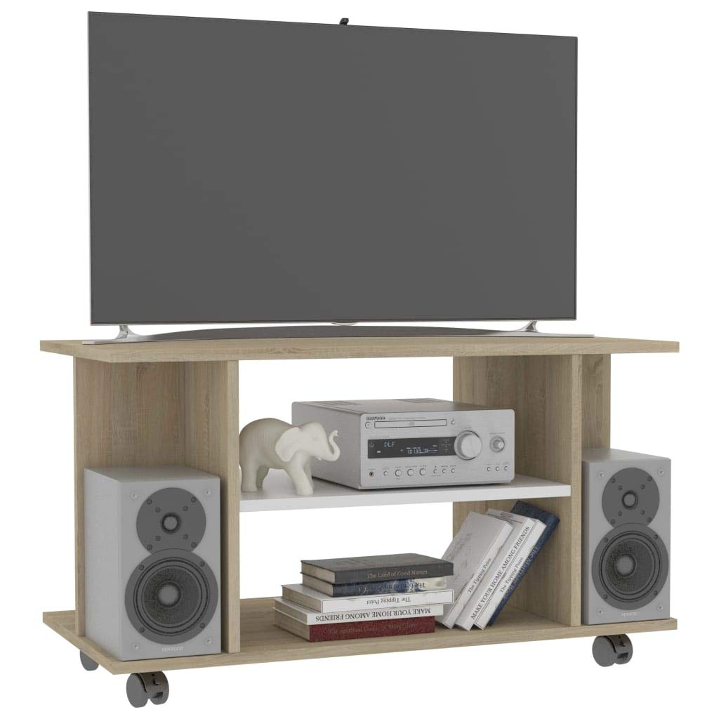 vidaXL TV Stand, TV Unit for Living Room, Sideboard with Castors, Entertainment Center Media Unit, Modern, White and Sonoma Oak Engineered Wood