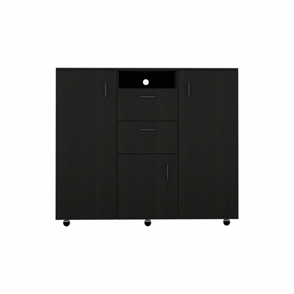 HomeRoots Particle Board Black Three Door Closet with Two Drawers