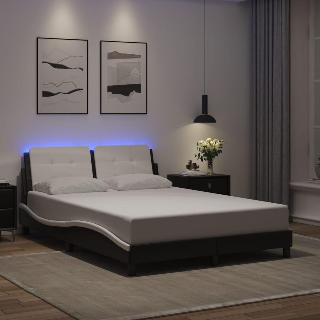 vidaXL Bed Frame with LED Lights - Black/White Faux Leather Full Size, Foam-Padded Headboard, Modern Waved Design, 53.9"x74.8"