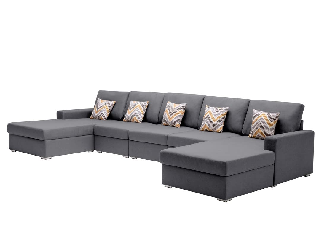Lilola Home Nolan Gray Linen Fabric 5Pc Double Chaise Sectional Sofa with Pillows and Interchangeable Legs