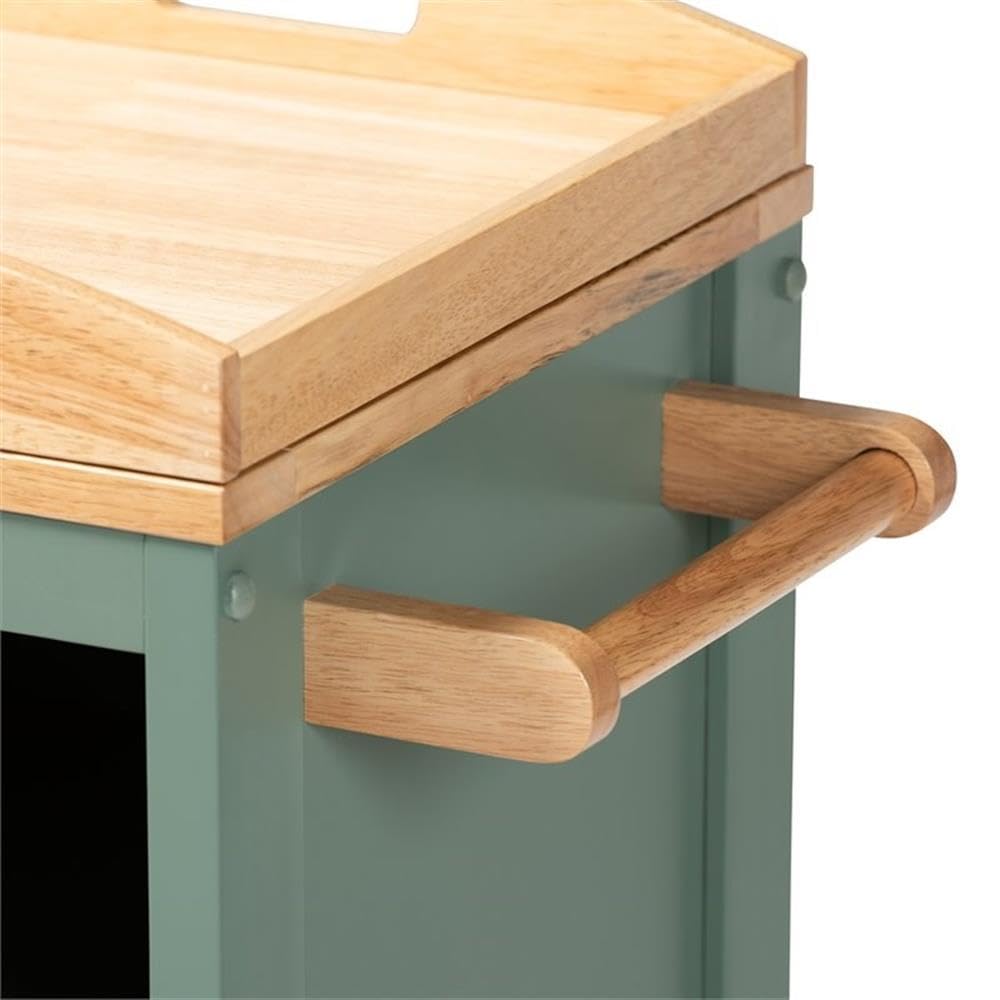 Baxton Studio Dorthy Two-Tone Dark Green and Natural Wood Kitchen Cart