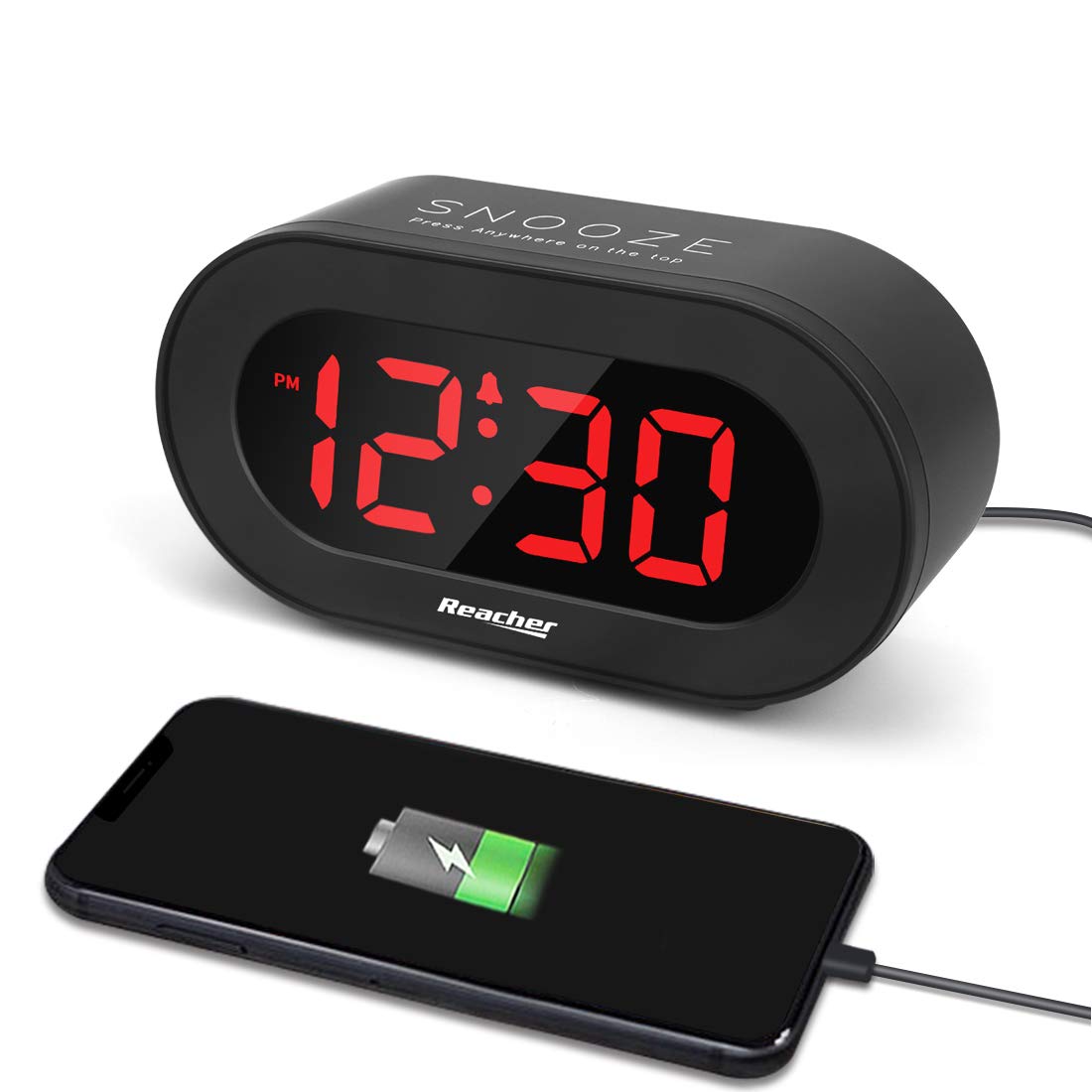REACHER Small LED Digital Alarm Clock with Simple Operation, Full Range Brightness Dimmer, USB Phone Charger Port, Easy Snooze, 