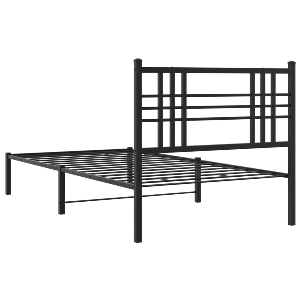 vidaXL Single Metal Bed Frame with Headboard - Black Steel Construction, 39.4x78.7, Under-Bed Storage, Modern Bedroom Furniture