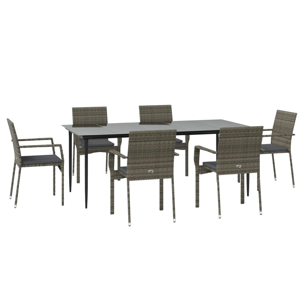 vidaXL 7-Piece Patio Dining Set - Black and Gray Poly Rattan with Cushions, Powder-Coated Steel Frame & Tempered Glass Tabletop - Outdoor Garden Furniture