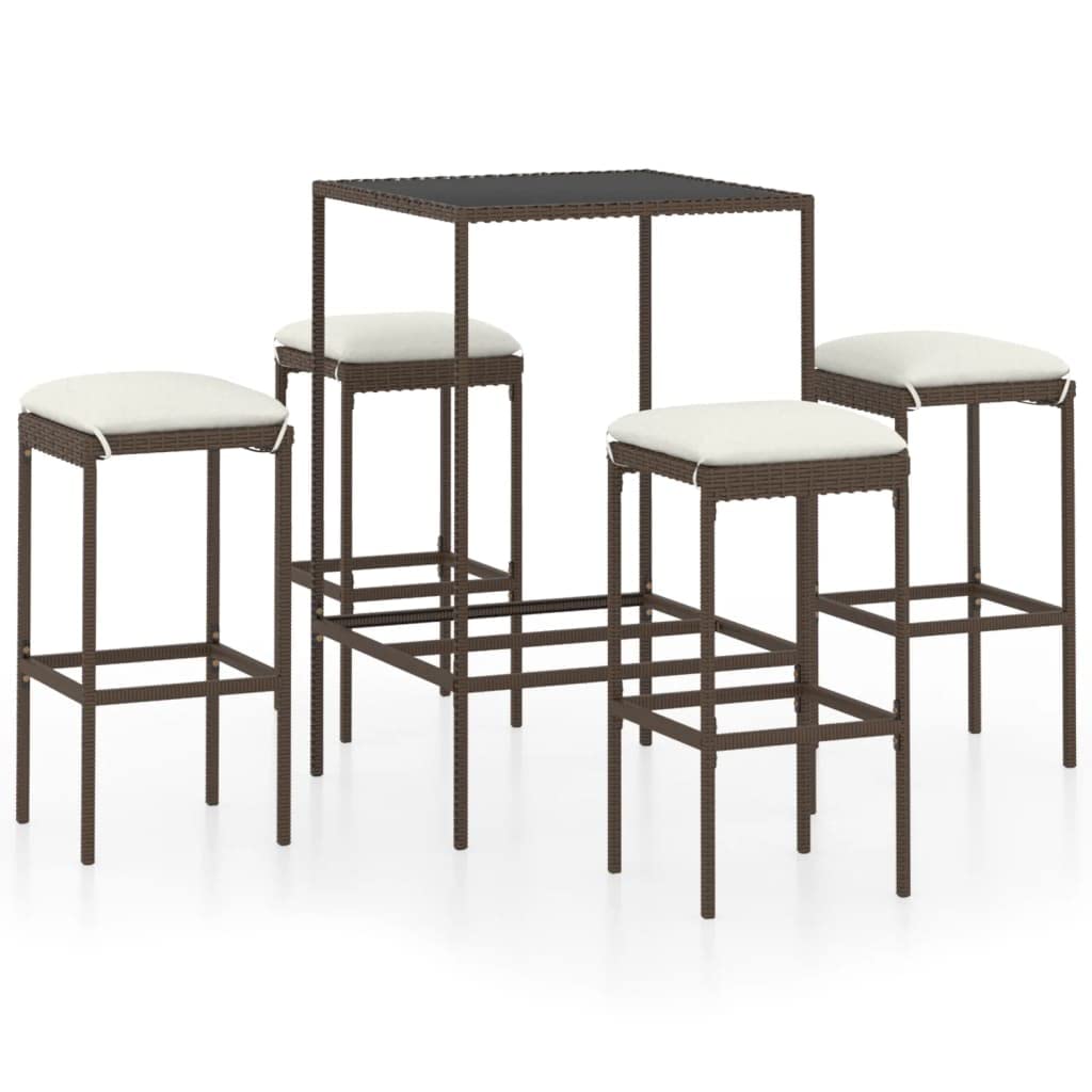 vidaXL Patio Bar Set 5 Piece, Bar Stool for Outdoor Garden Backyard, Bistro Set with Cushions, Bar Table, Farmhouse Modern Style, Poly Rattan Brown