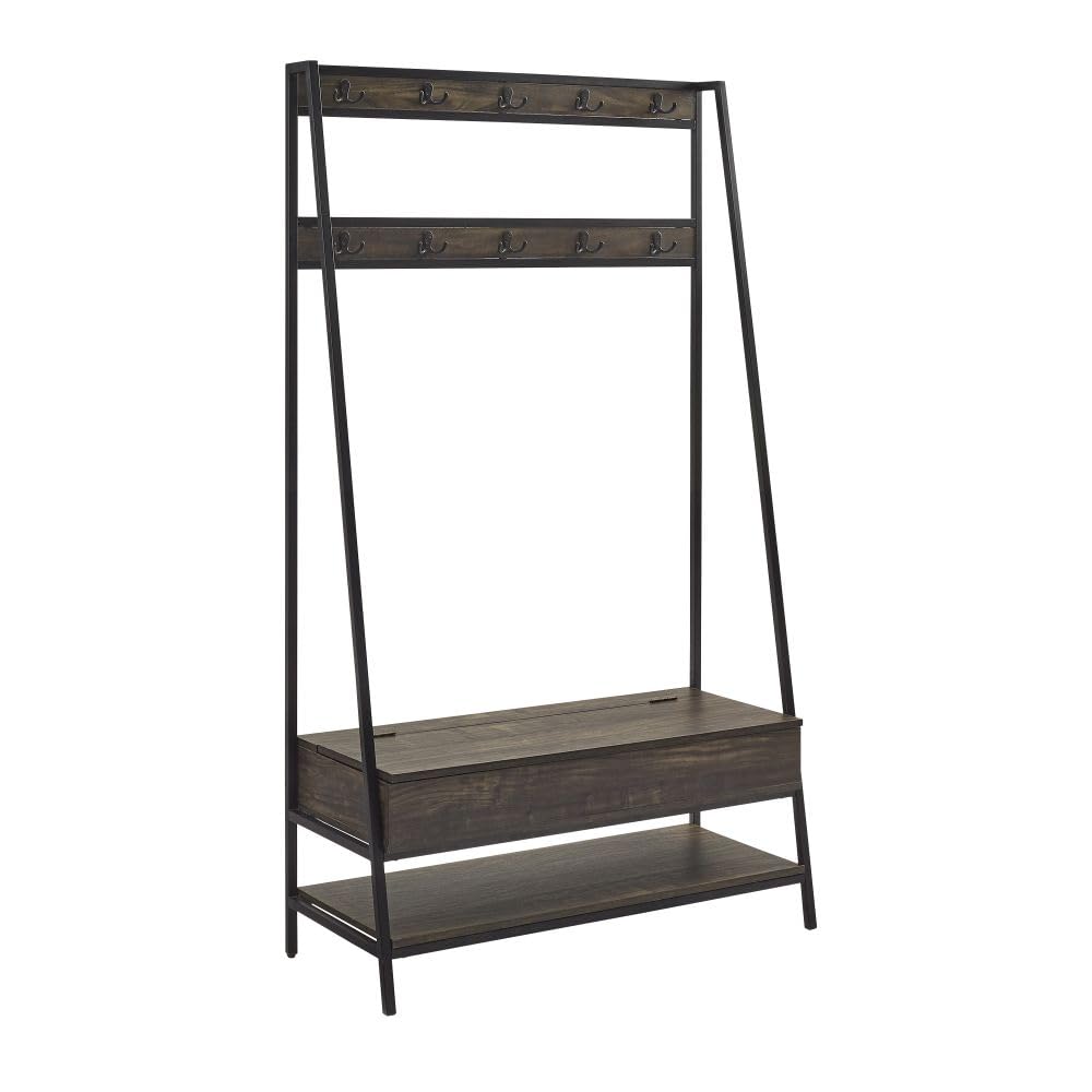 Crosley Furniture Jacobsen Hall Tree with Storage Bench, Shoe Shelf, and Coat Rack Hooks for Hanging, Brown Ash