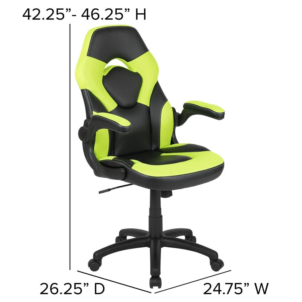 Flash Furniture X10 Gaming Chair Racing Office Ergonomic Computer Pc Adjustable Swivel Chair With Flip-Up Arms, Neon Green/Black Leathersoft