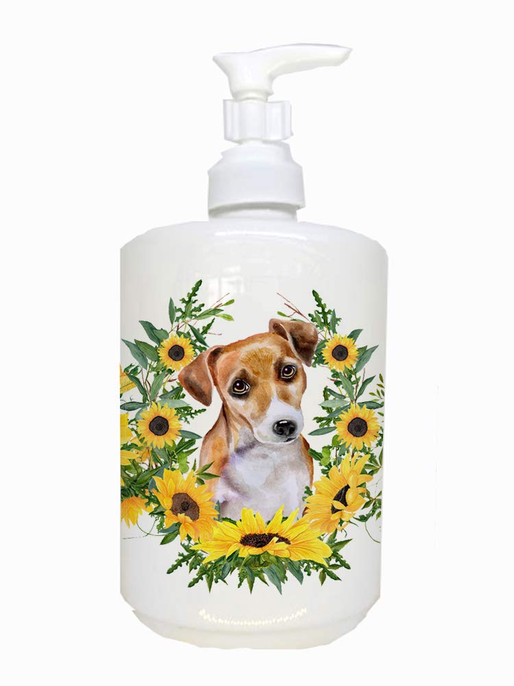 Caroline's Treasures CK2905SOAP Jack Russell Terrier #2 in Sunflowers Ceramic Soap Dispenser Hand Soap Dispenser Pump Bottles fo