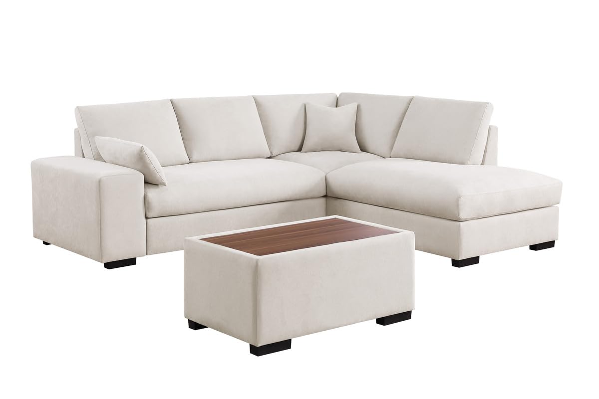 Lilola Home Joshua 100" W Beige Woven Fabric Sectional Sofa with Right Facing Chaise and Console Ottoman