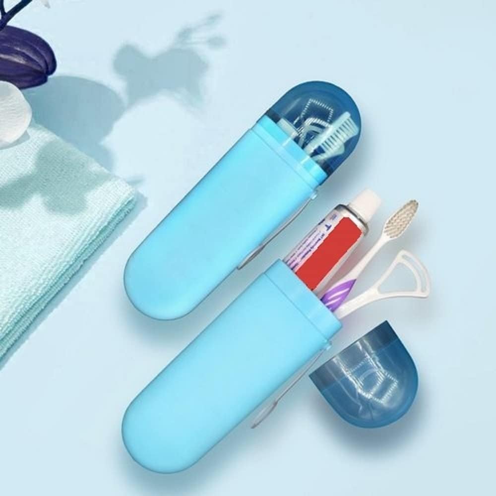 Portable Travel Toothbrush Case with Toothpaste Holder, Blue, Compact Oral Care Organizer