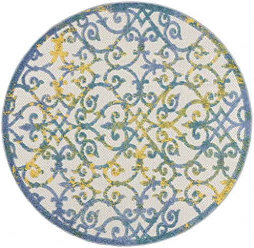 HomeRoots Ivory Blue 100% Polypropylene 5’ Round Ivory and Blue Indoor Outdoor Area Rug