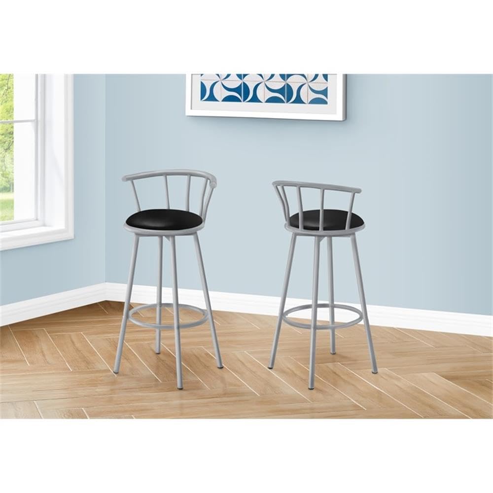 Monarch Specialties I 2399 Bar Stool, Set of 2, Swivel, Bar Height, Grey Metal, Black Leather Look, Contemporary, Modern