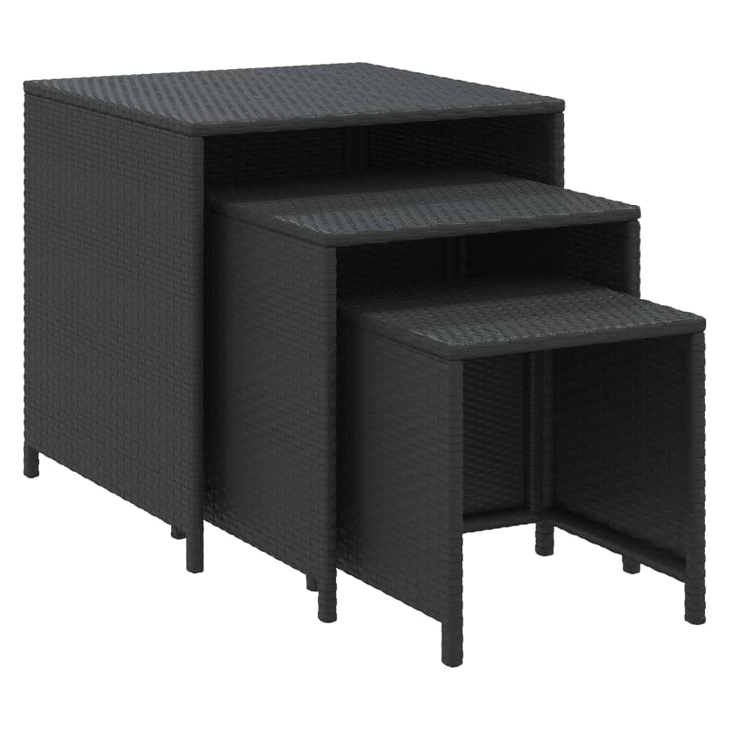 vidaXL 3 pcs Nesting Tables in Black Poly Rattan - Durable and Weather Resistant with Powder-Coated Steel Frame for Indoor and Outdoor Use