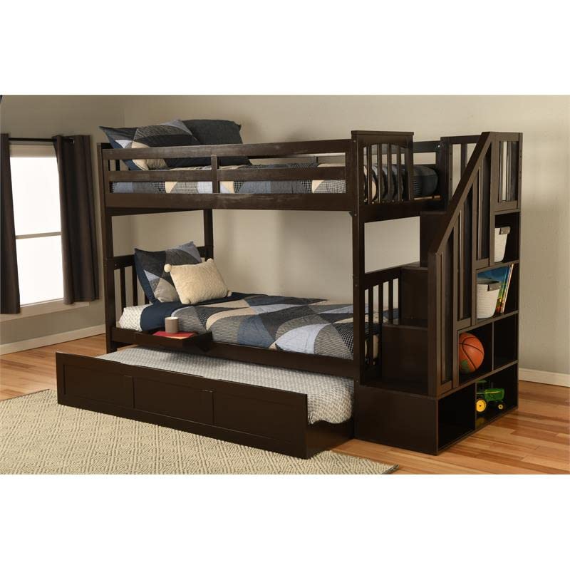 Kodiak Furniture Kelcie Twin/Twin Wood Bunk Bed with Trundle and Tray in Dark Chocolate Brown