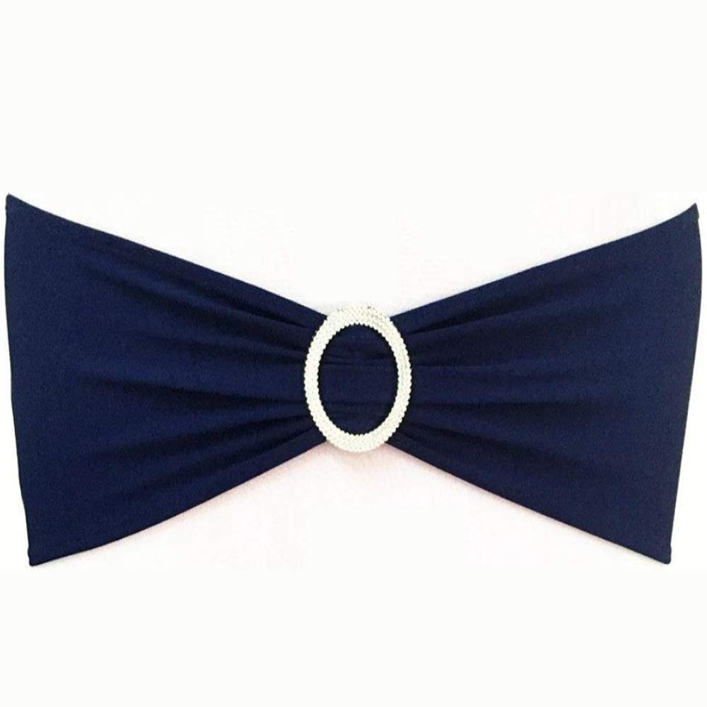 Sinssowl 100Pcs Stretch Wedding Navy Blue Chair Sashes Bands With Buckle Slider Sashes Bow Decorations 25 Colors  (Navy Blue)