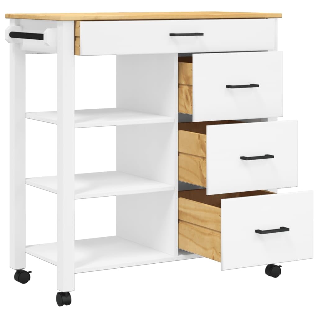 vidaXL Solid Pine Wood Rolling Kitchen Trolley - Vintage White/Honey Wax Finish, Mobile Storage Cart with Drawers/Shelves