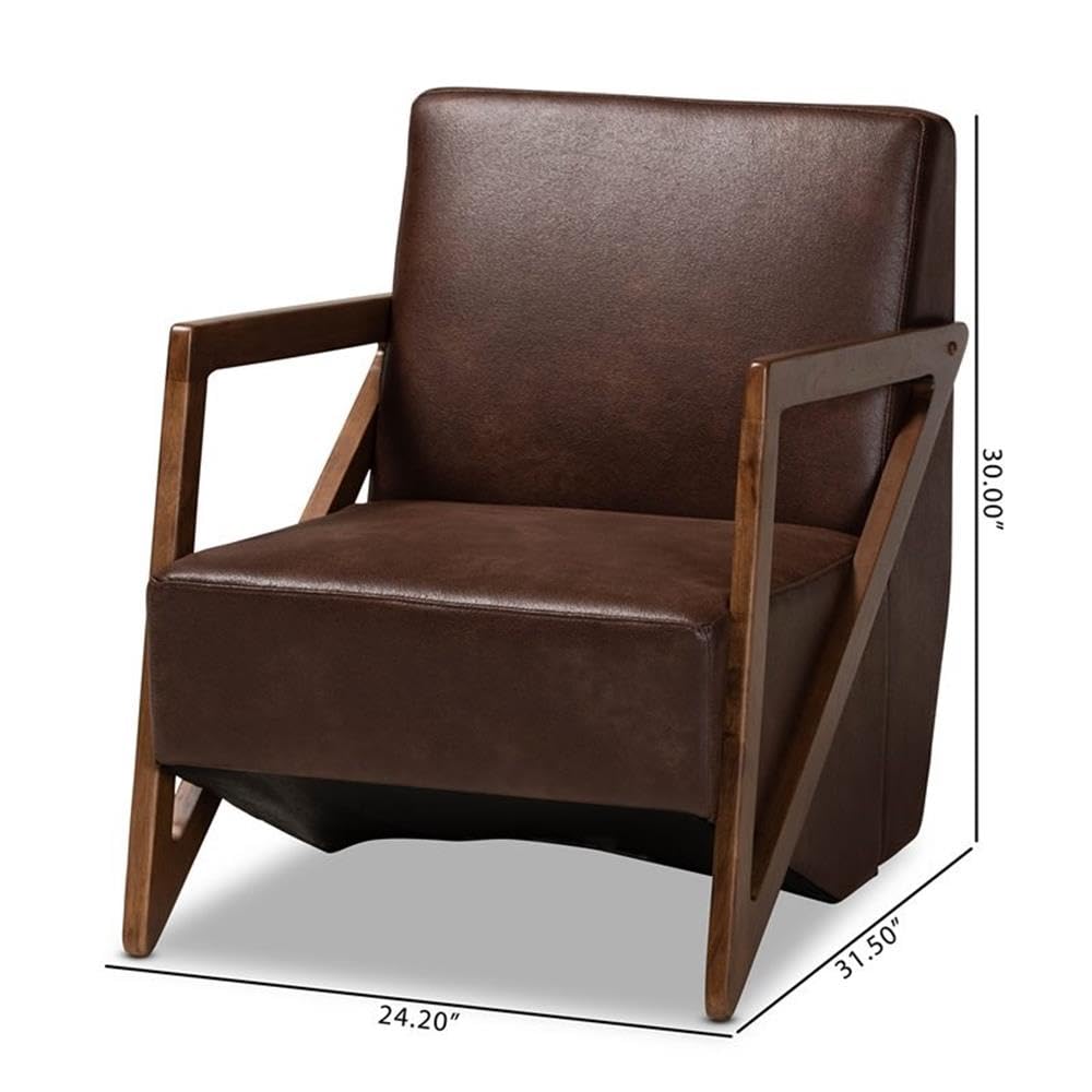 Baxton Studio Christa Mid-Century Modern Transitional Dark Brown Faux Leather Effect Fabric Upholstered and Walnut Brown Finished Wood Accent Chair