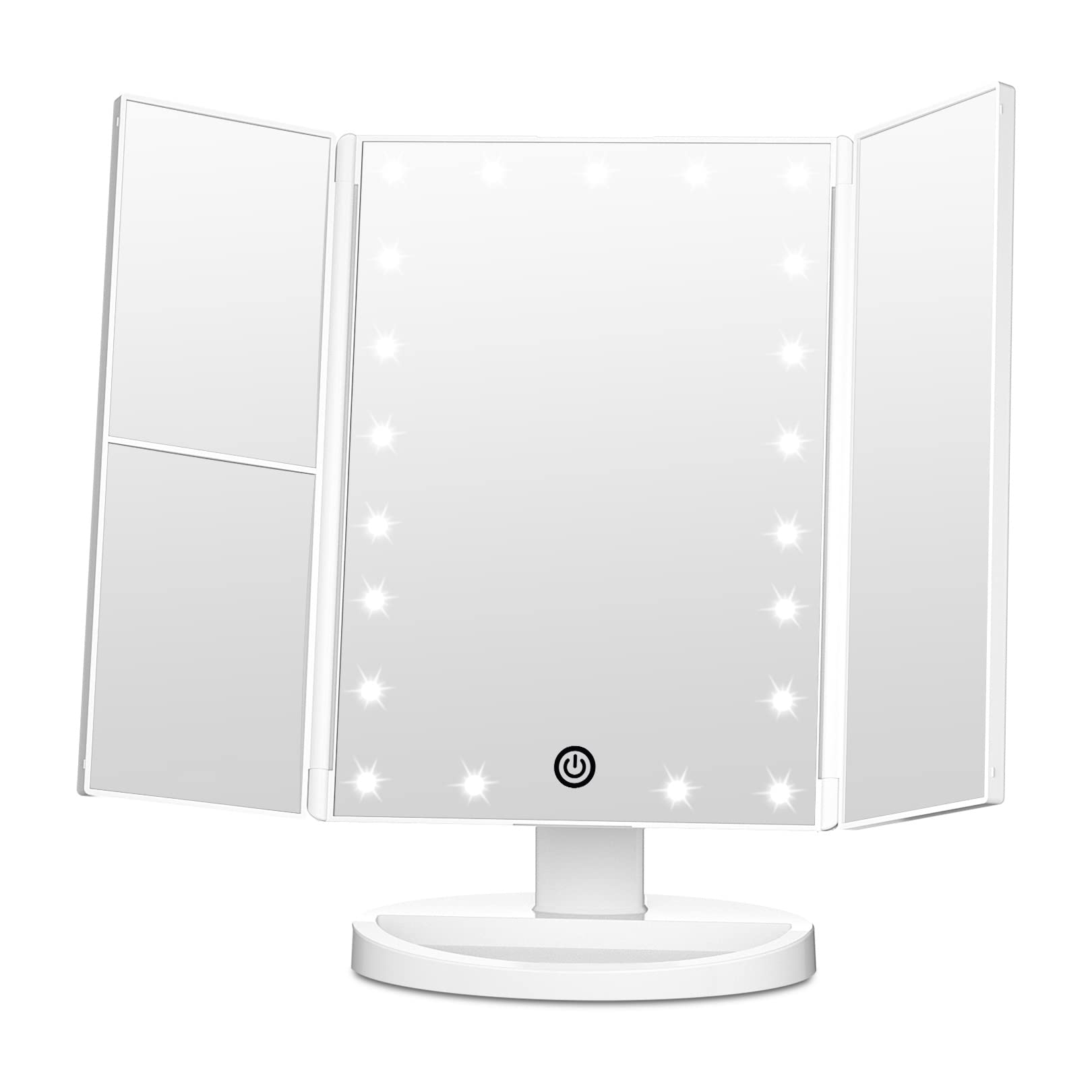 FASCINATE Trifold Vanity Mirror with Lights, Lighted Makeup Mirror 2X/3X Magnification, 21 LED Touch Dimming, Dual Power 180 Rot