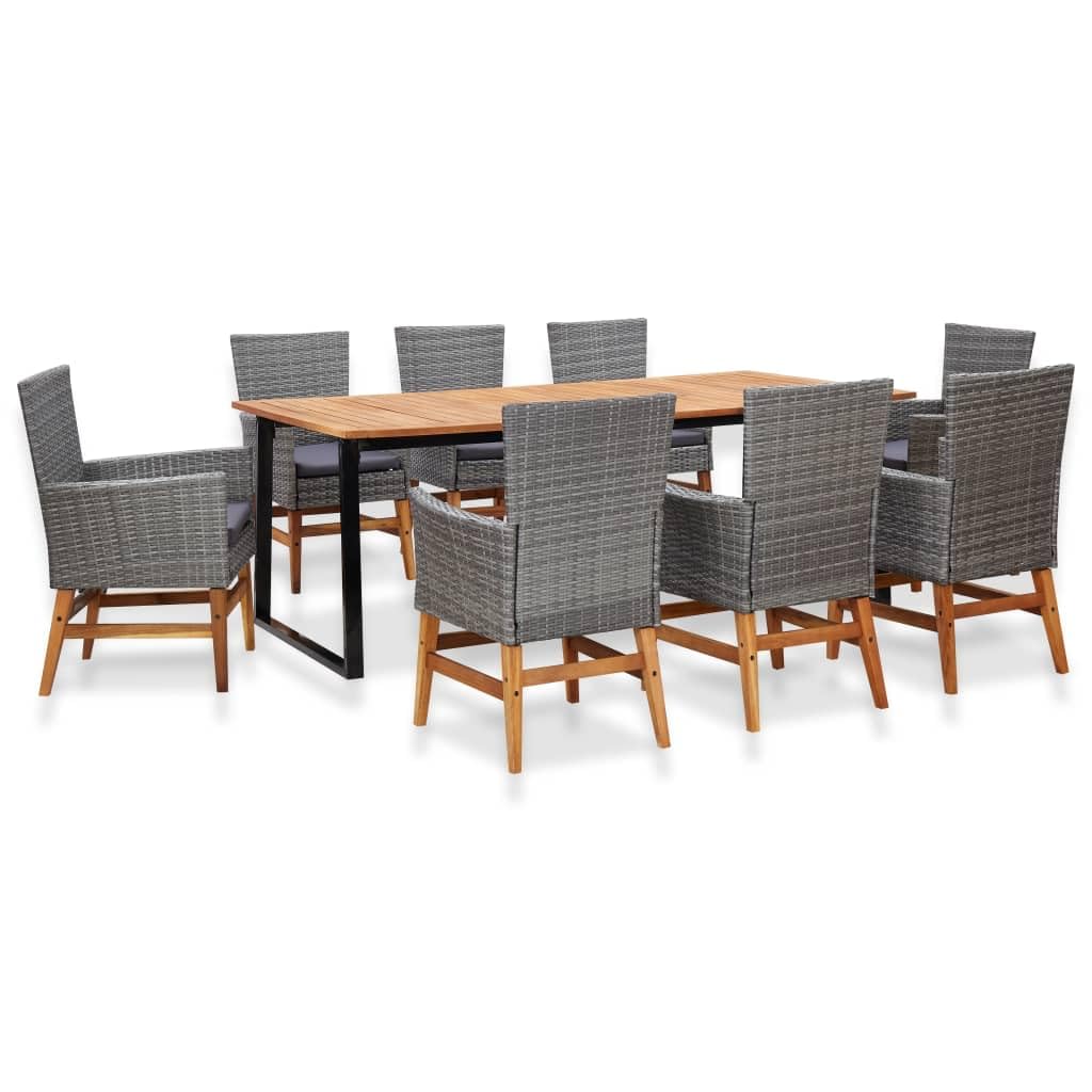9 Piece Outdoor Dining Set Poly Rattan and Acacia Wood Gray